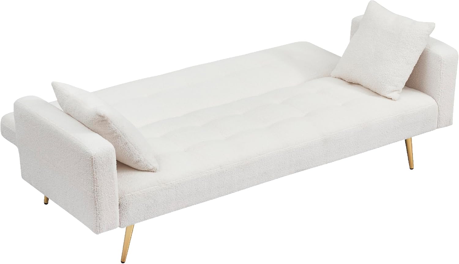 KEIKI 72' Folding Futon Sofa Couch w/Adjustable Backrest, Mid Century Modern Loveseat Convertible to Sleeper Bed, Small Comfy Teddy Cloud Couch SofaBed for Living Room & Bedroom, 2 Pillows, Beige
