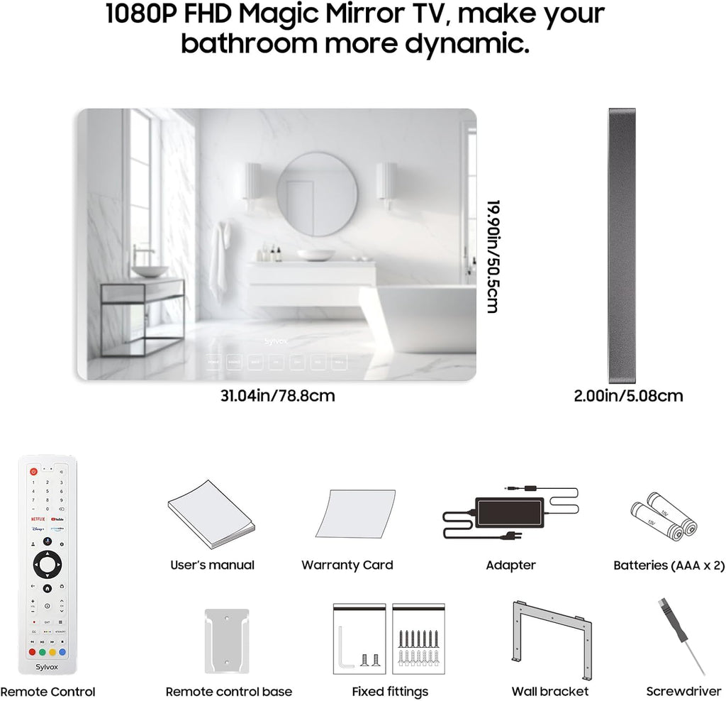 SYLVOX 32'' Smart TV Bathroom Magic Mirror Waterproof LED TV 1080P 500NITS High Brightness Dual Front Speakers Wall mounting Suitable for Bathrooms,Hotels,Saunas