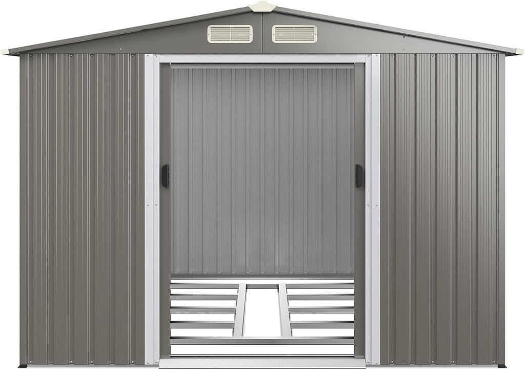 IRONMAX Outdoor Storage Shed with Floor, 8x6 FT Galvanized Steel Large Garden Shed w/Lockable Sliding Doors & Air Vent, Heavy Duty Tool Storage House for Backyard Patio Lawn