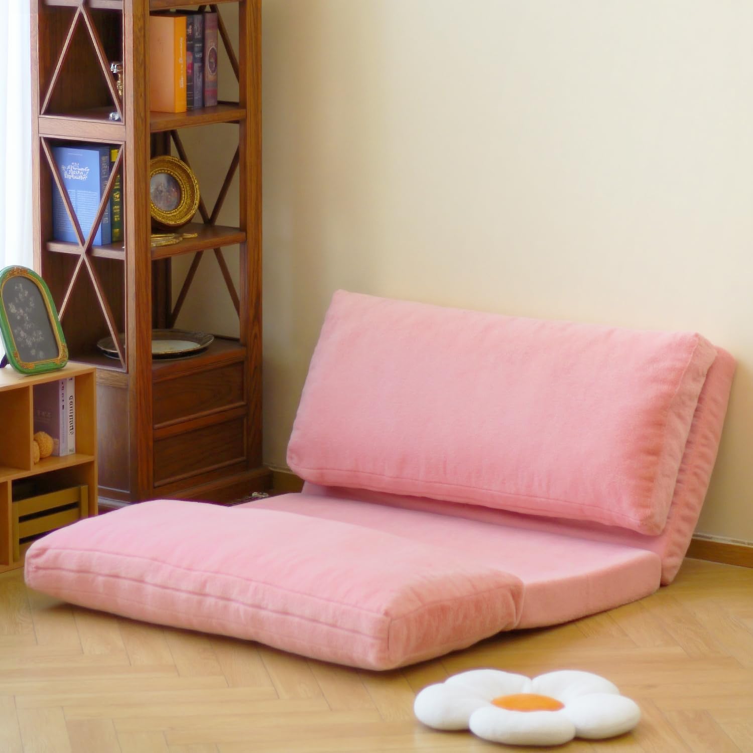 N&V Folding Matress Sofa Bean Bag Bed, Foam Filling Folding Matress Sofa, Includes Removable and Machine Washable Cover, Soft Premium Faux Fur (Medium, Pink)