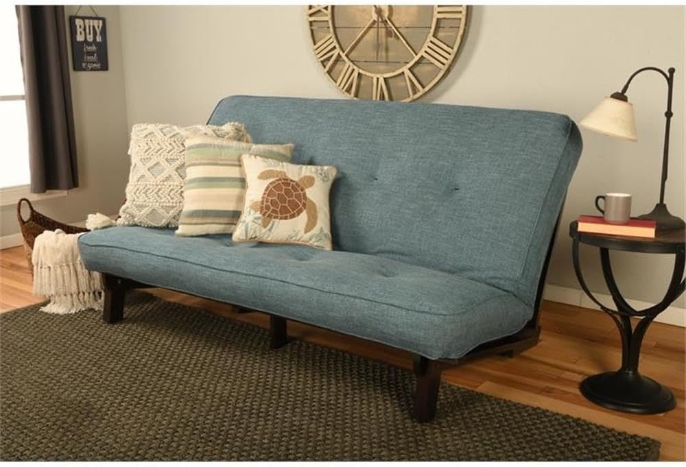 Kodiak Furniture Carson Full Size Futon Frame and Mattress Set - Java Brown Finish Wood Futon Frame with Mattress Included in Linen Aqua Color