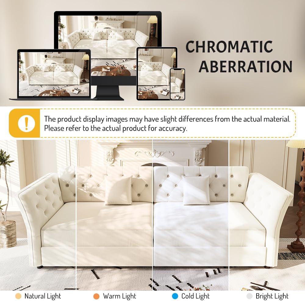 100'' Sleeper Sofa Bed California King Size, Flower Tufted Pull Out Couch, Chesterfield Velvet Futon Couches, Comfy Convertible Modern 4 seat Sofa, 4 Pillows for Living Room, Apartment, Beige