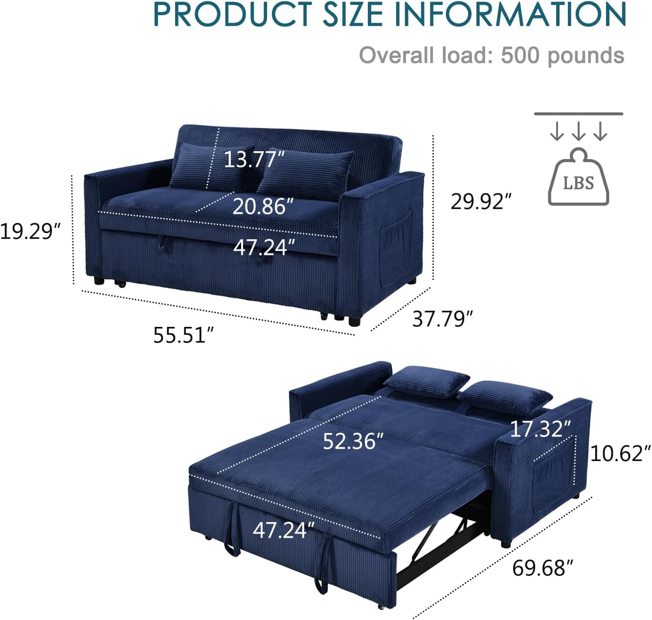 55.51' Sleeper Sofa Bed,Pull Out Couch with Side Pockets,3 in 1 Corduroy Fabric Loveseat Sleeper Sofa ,Pull Out Sofa Bed with Adjustable Backrest for Living Room, Bedroom, Apartment,（Navy Blue）