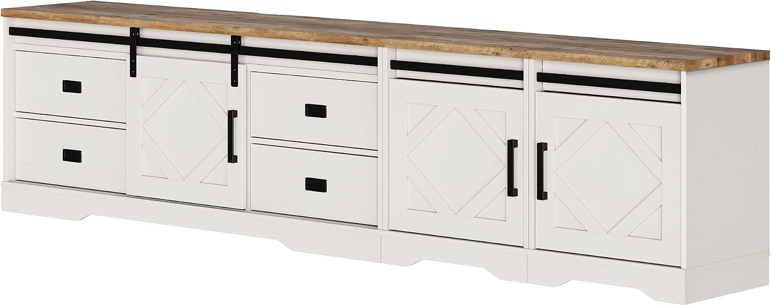 WAMPAT 98' Wide Farmhouse TV Stand for up to 110' TV, 3-in-1 Rustic Wood Entertainment Center with Drawers and Cube Cabinets for Living Room, Faux Bark Finish, Antique White