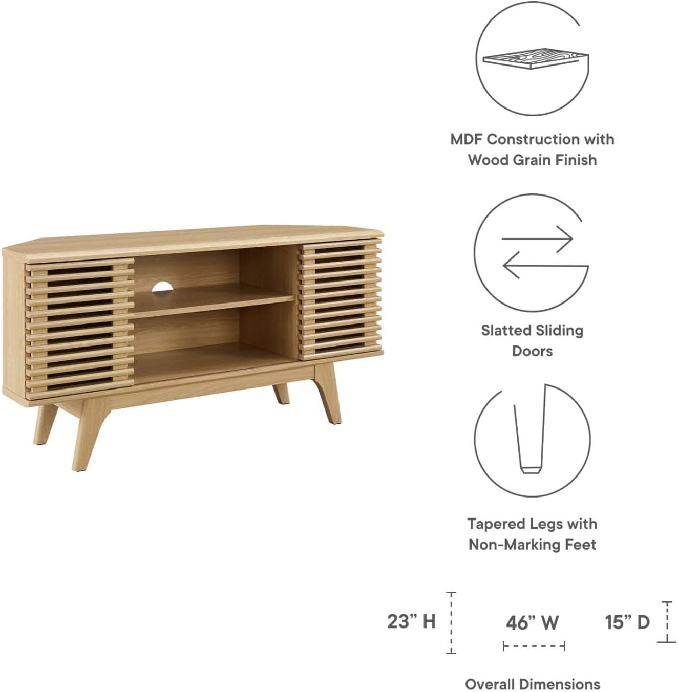 Modway Render Mid-Century Modern Low Profile 46' Corner Media TV Stand in Oak, 15 x 46 x 23