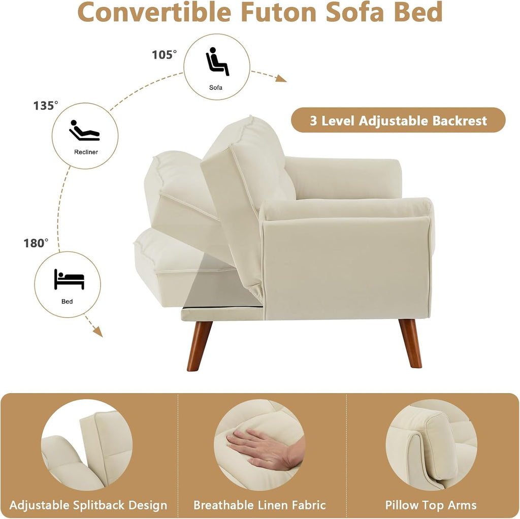 75' Convertible Futon Sofa Bed, Sleeper Couch Bed with Adjustable Backrest, Small Couches for Small Spaces, Living Room, Bedroom and Office (White)
