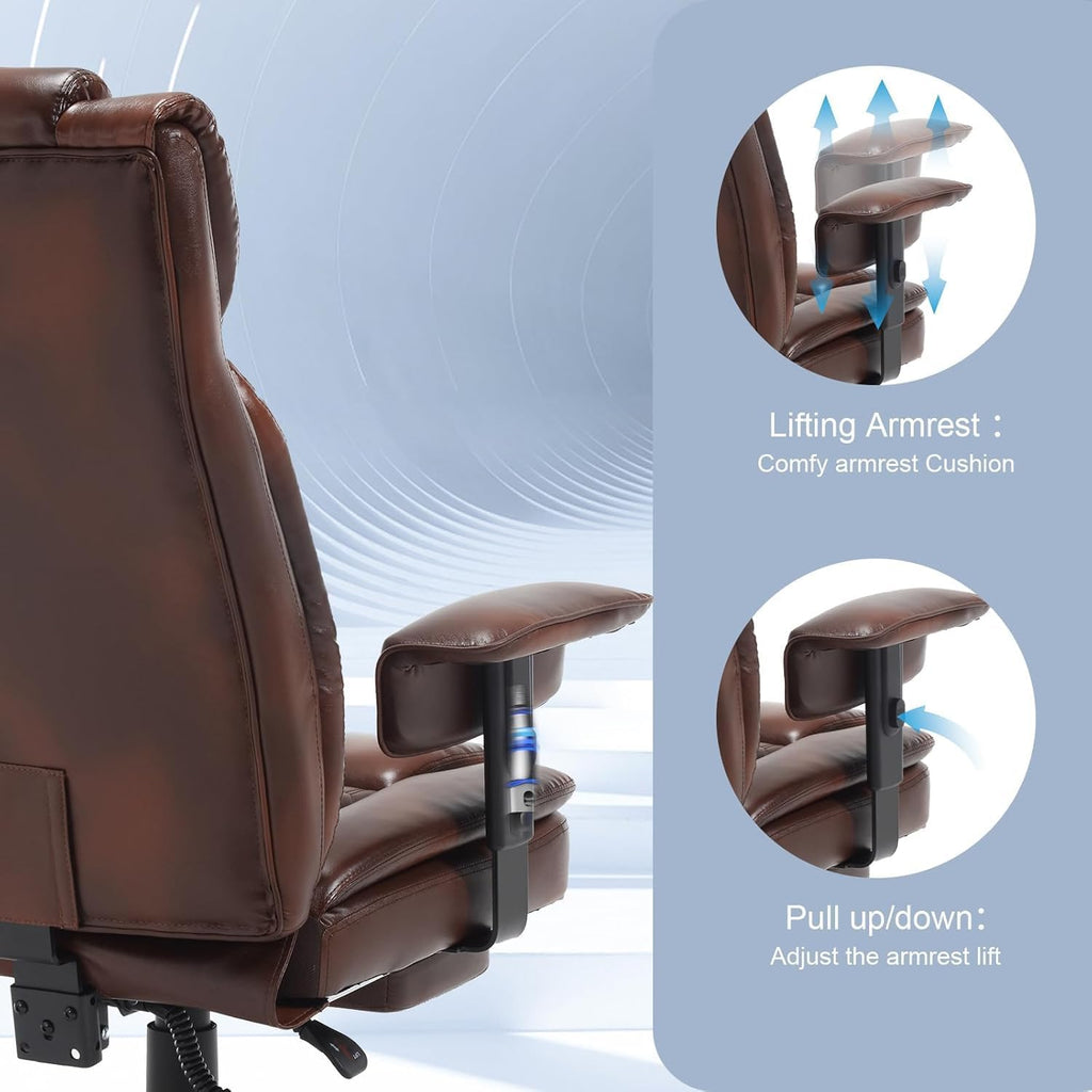 400lb Brown Office Chair,Big and Tall Reclining Office Chair with Footrest, High Back Executive Computer Chair with Wheels Pu Leather Recliner Office Desk Chairs with Lumbar Support for Adult