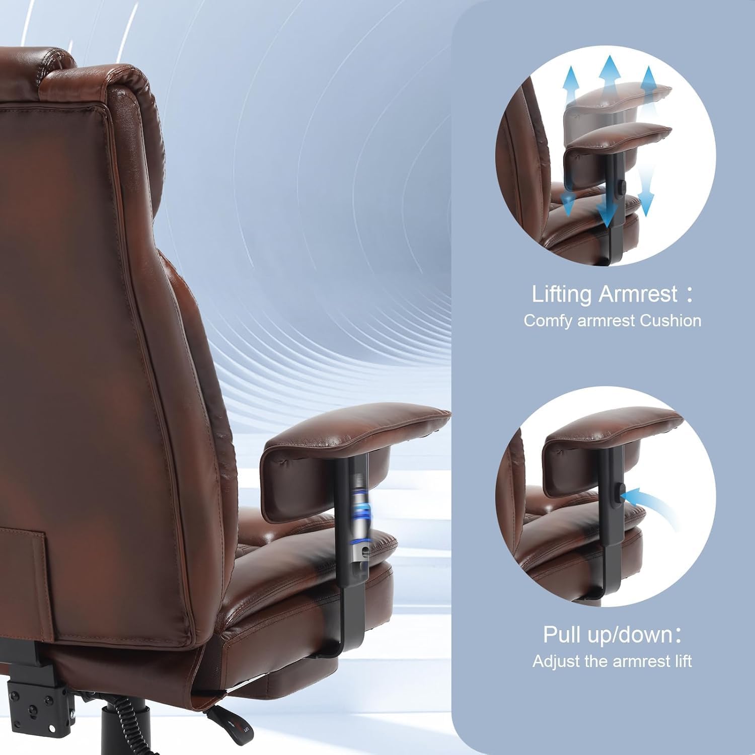 400lb Brown Office Chair,Big and Tall Reclining Office Chair with Footrest, High Back Executive Computer Chair with Wheels Pu Leather Recliner Office Desk Chairs with Lumbar Support for Adult