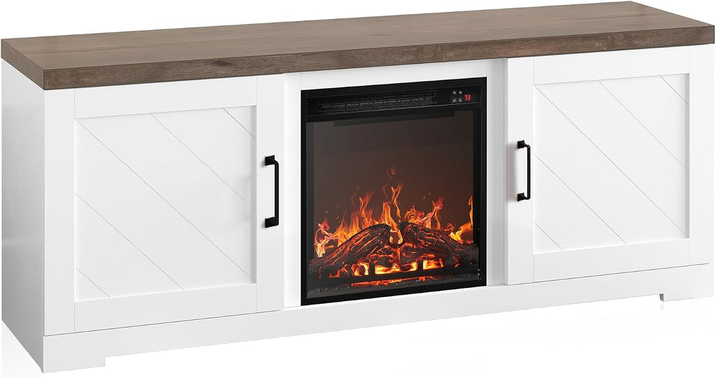 BELLEZE Modern 58' Farmhouse TV Stand with 18' Electric Fireplace Heater & Media Entertainment Center for TV up to 65', Console Table with Storage Cabinets - Hilo (White)