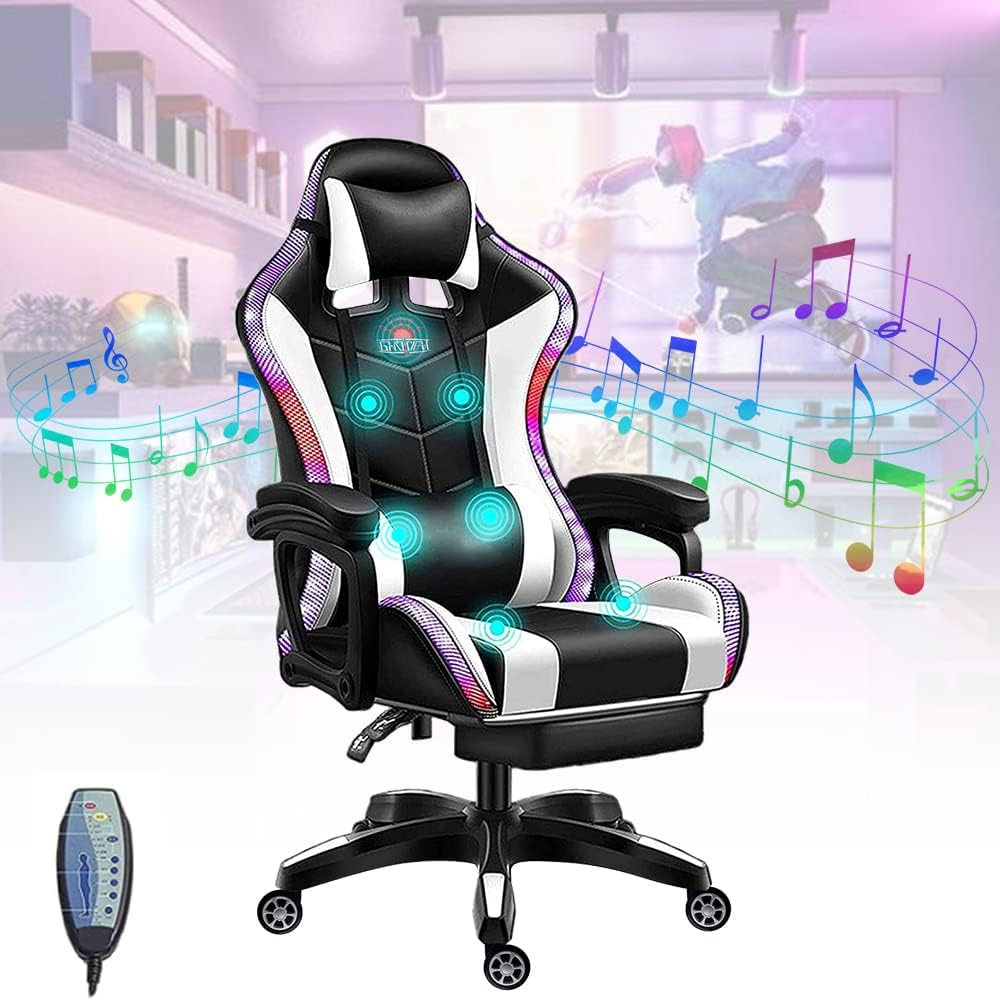 Gaming Chair for Adults & Teens High Back Gamer Chair Ergonomic Massage Racing Chair with Lumbar Support and Headrest Computer Desk Chair with Speakers and LED Lights,White