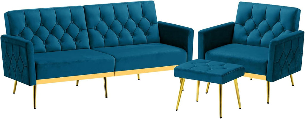 2 Pieces Velvet Sofa Set w/Adjustable Armrests and Backrests, Tufted Accent Chair w/Ottoman, Convertible Futon Sofa Bed for Bedroom, Living Room, Apartment, Teal