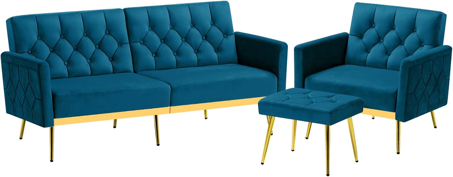 2 Pieces Velvet Sofa Set w/Adjustable Armrests and Backrests, Tufted Accent Chair w/Ottoman, Convertible Futon Sofa Bed for Bedroom, Living Room, Apartment, Teal
