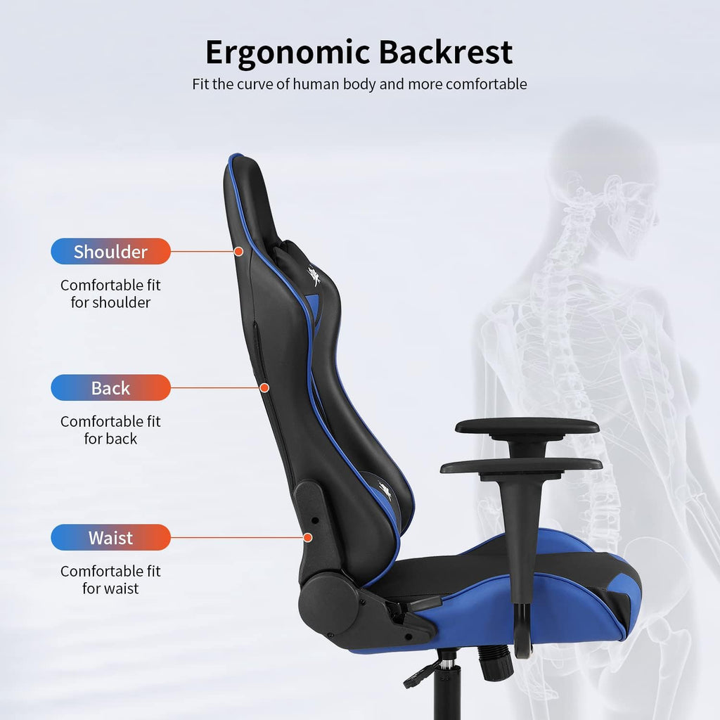 Ergonomic Gaming Chair for Adults with Lumbar Support, High Back Leather Desk Chair, Adjustable Swivel Computer Chair with Footrest and Headrest, Office Chair for Home and Gaming Setup (Blue)