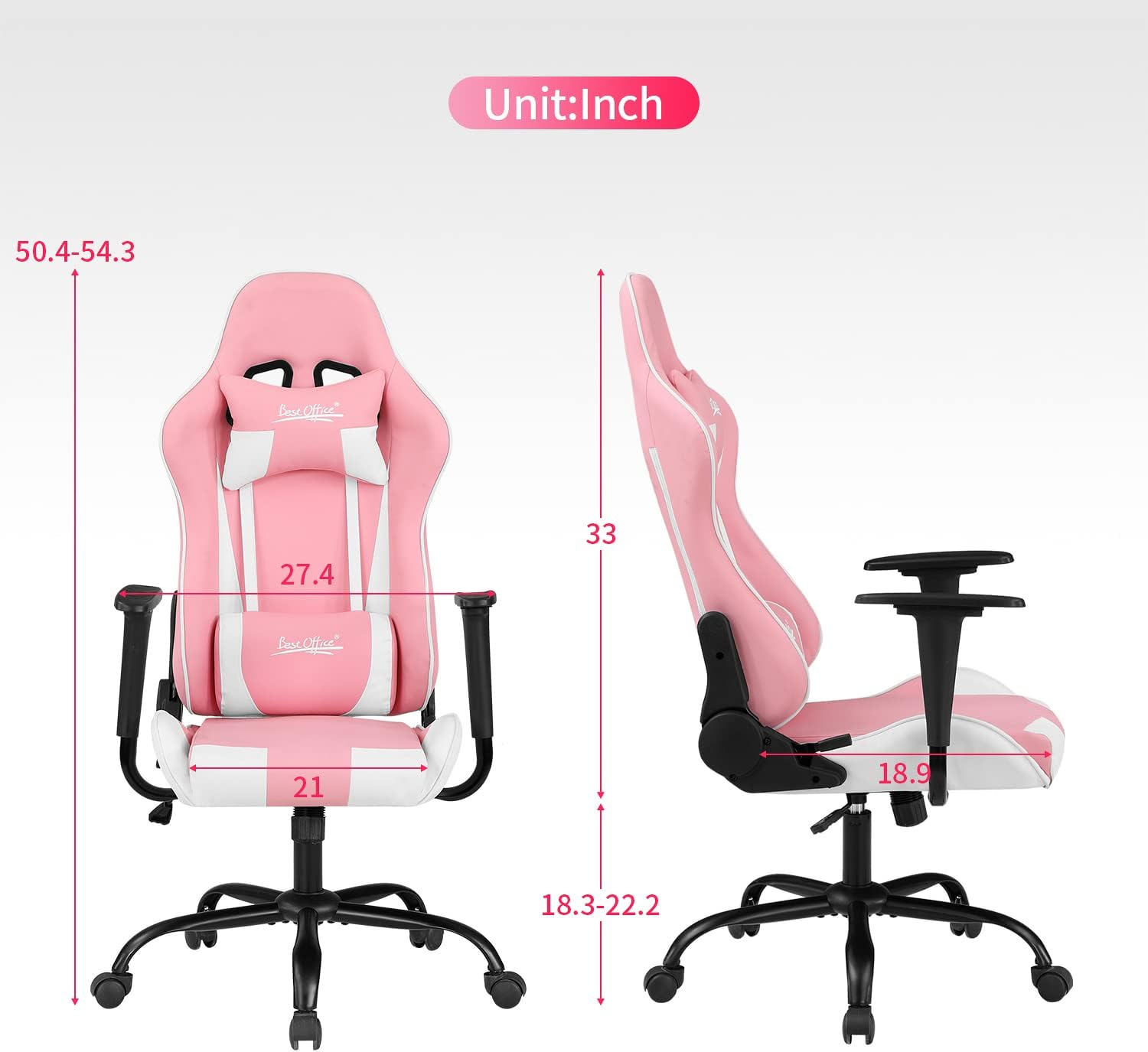 Ergonomic Gaming Chair for Adults with Lumbar Support, High Back Leather Desk Chair, Adjustable Swivel Computer Chair with Footrest and Headrest, Office Chair for Home and Gaming Setup (Pink)