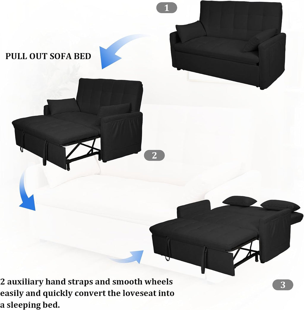Oversized 3-in-1 Convertible Sleeper Sofa Bed, Futon Couch with Pullout Bed, 2-Seater Loveseat Sofa w/Pockets, Adjustable Backrest and Pillows for Living Room Apartment (Black-Button Tufted)