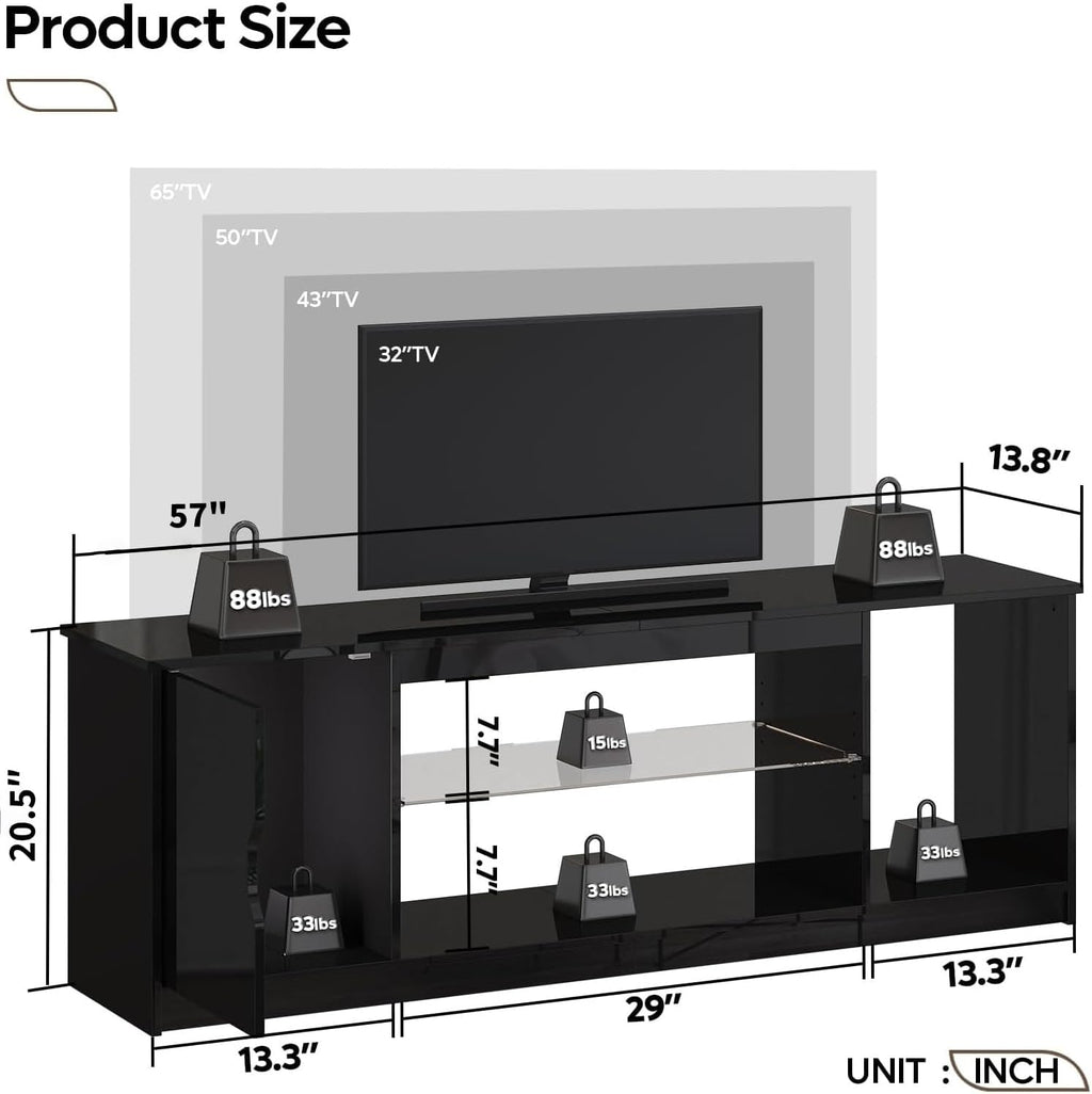 Bestier 57' Gloss Black Media Console - Gaming TV Stand for 65 Inch TV, Entertainment Center for PS5/Xbox Series X, Modern Home Theater Design, Adjustable Glass Shelves