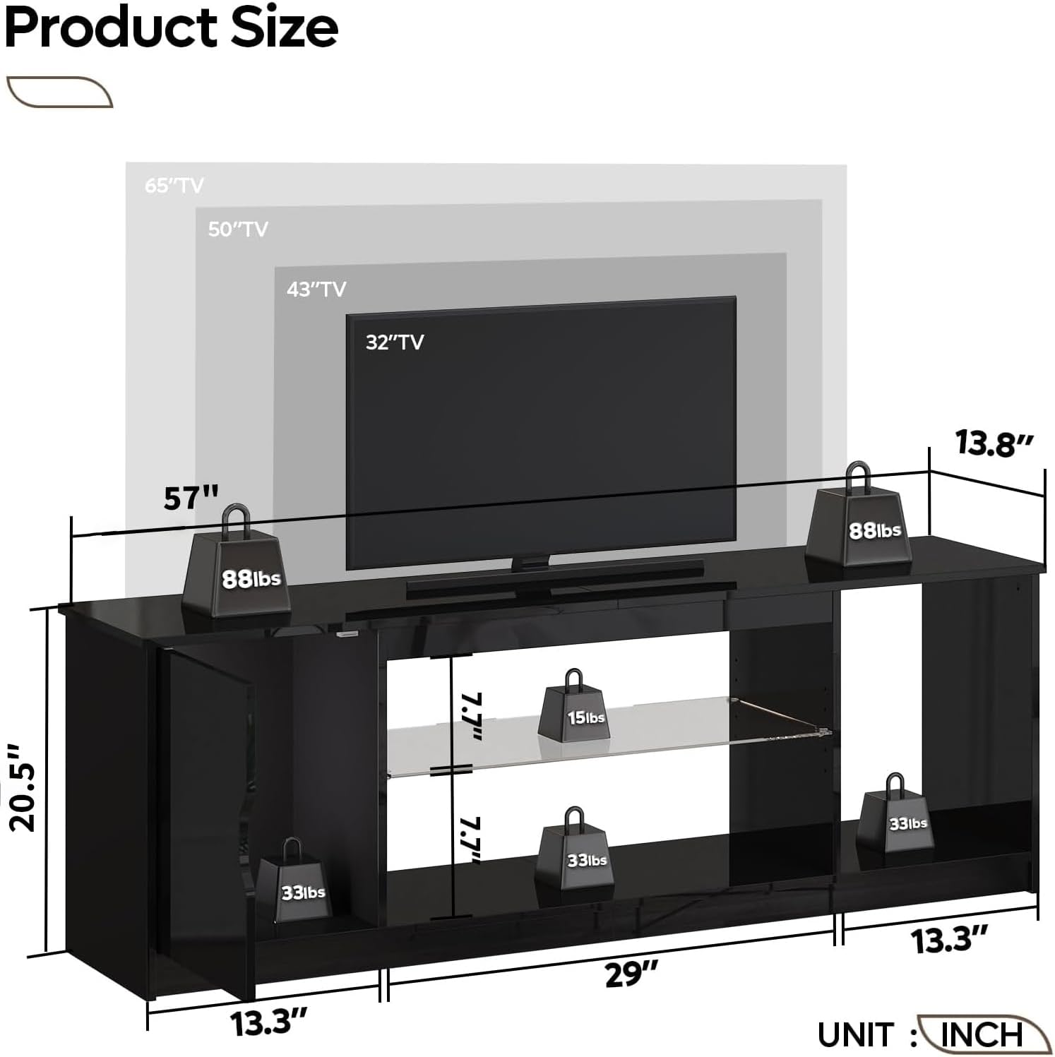 Bestier 57' Gloss Black Media Console - Gaming TV Stand for 65 Inch TV, Entertainment Center for PS5/Xbox Series X, Modern Home Theater Design, Adjustable Glass Shelves