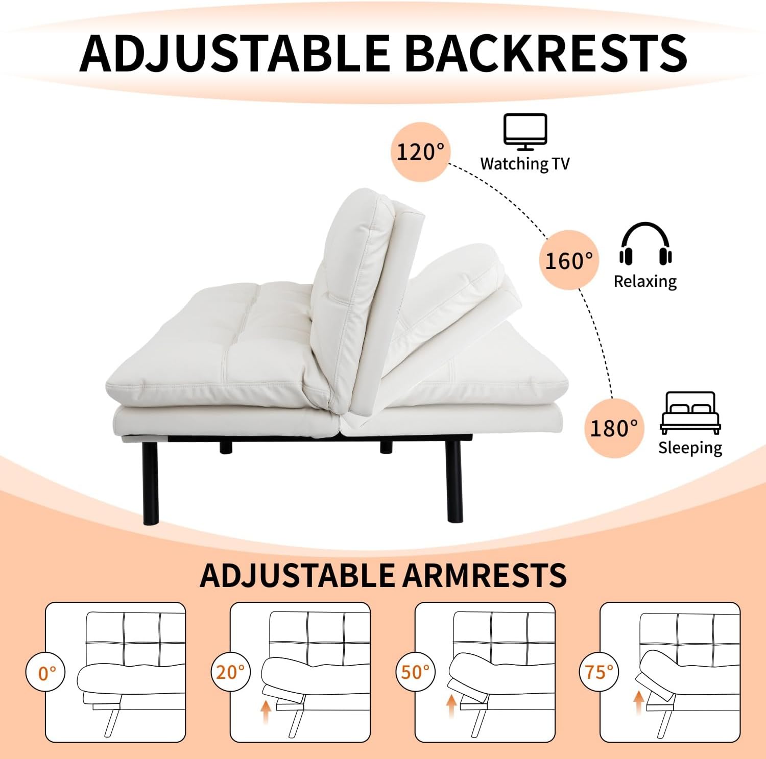 MUUEGM Futon Sofa Bed 71' Ivory Convertible Memory Foam Futon Couch Bed Modern Loveseat Sleeper with Adjustable Backrests Armrests for Living Room,Small Space,Office