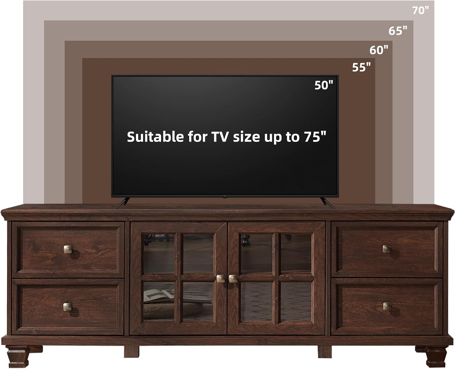 SAVOR LIFE Farmhouse TV Stands for Living Room, Brown Entertainment Center with Storage, Wood TV Console with 4 Drawers, Rustic TV Cabinet for 65 inch TV, Walnut