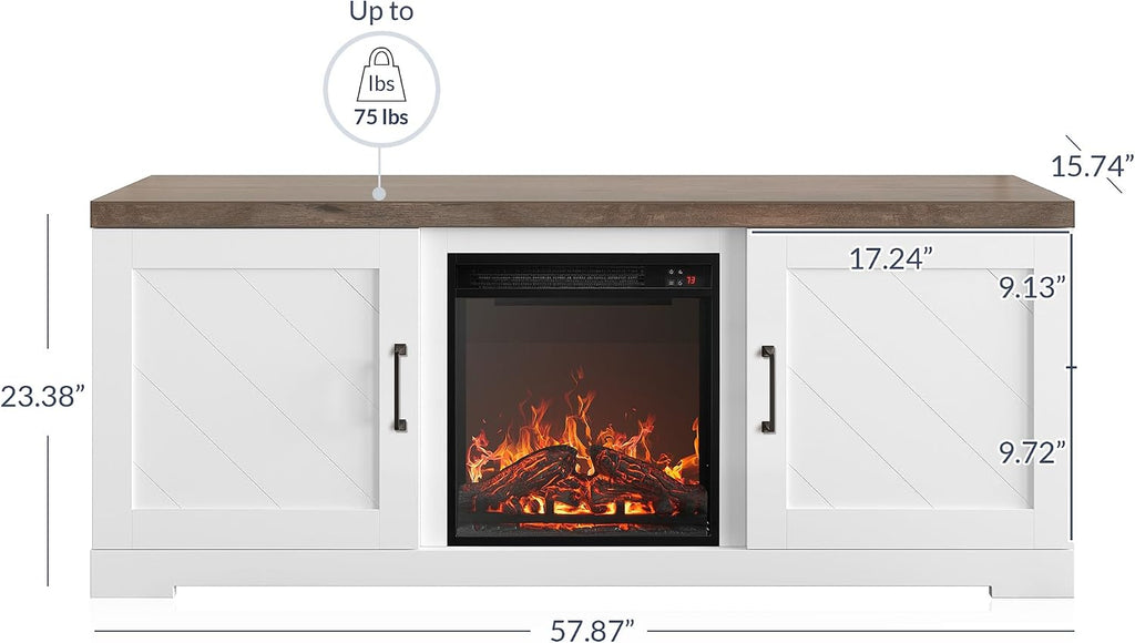 BELLEZE Modern 58' Farmhouse TV Stand with 18' Electric Fireplace Heater & Media Entertainment Center for TV up to 65', Console Table with Storage Cabinets - Hilo (White)