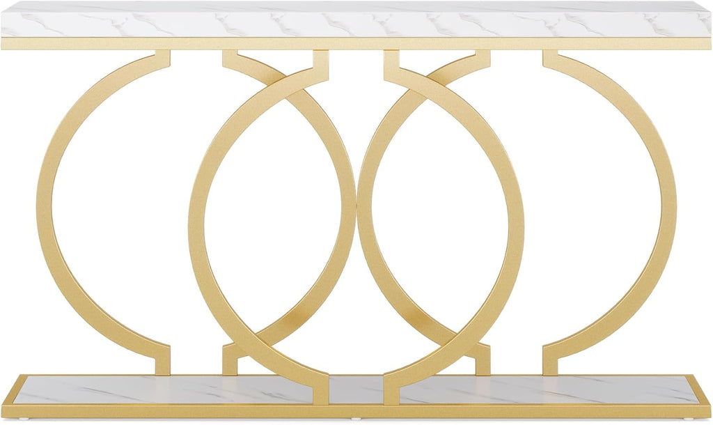 Tribesigns Gold Console Table, 55 inch Modern Entryway Table with Geometric Metal Frame, Faux Marble Narrow Long Sofa Table for Living Room, Entrance, Hallway, White and Gold