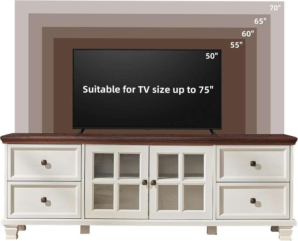 SAVOR LIFE TV Stands for Living Room, Farmhouse Entertainment Center, Rustic Wood TV Stand with Drawers for 75 Inch TV, White