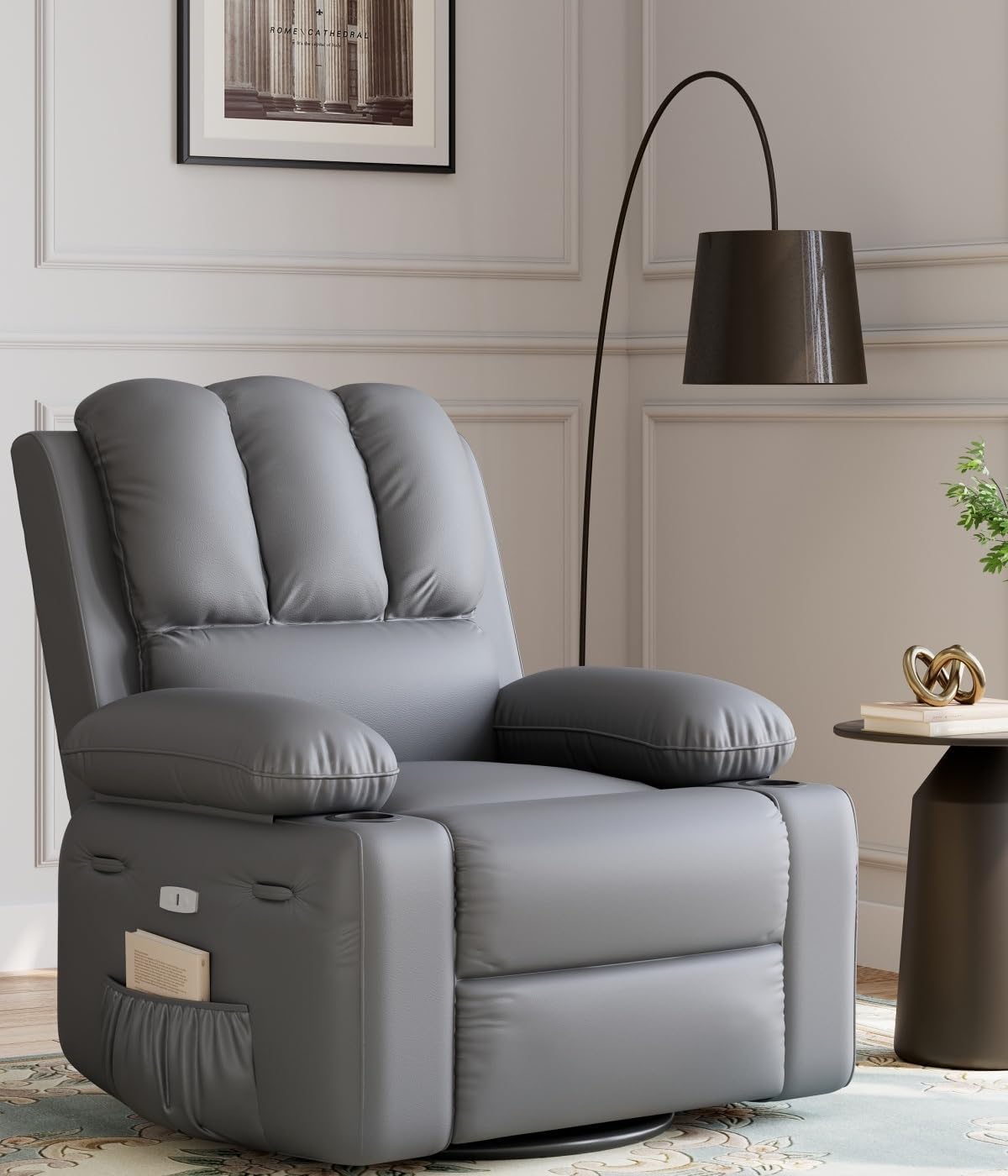 22'' Electric Recliner Chair for Adults, Swivel Rocker Recliner with Massage and Heat, Pu Leather Single Sofa with Cup Holder and Side Pocket, for Living Room, Bedroom, Grey