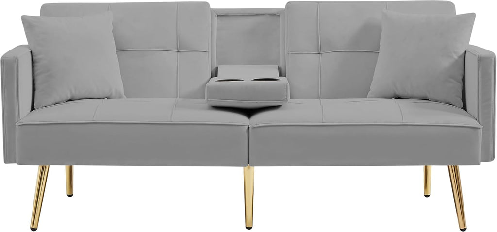 hansones Convertible Velvet Futon Sofa Bed,Sleeper Sofa Couch with Two Pillows and Golden Metal Legs for Living Room