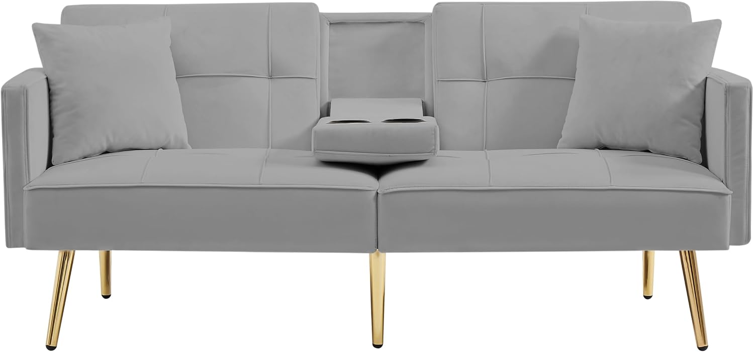hansones Convertible Velvet Futon Sofa Bed,Sleeper Sofa Couch with Two Pillows and Golden Metal Legs for Living Room