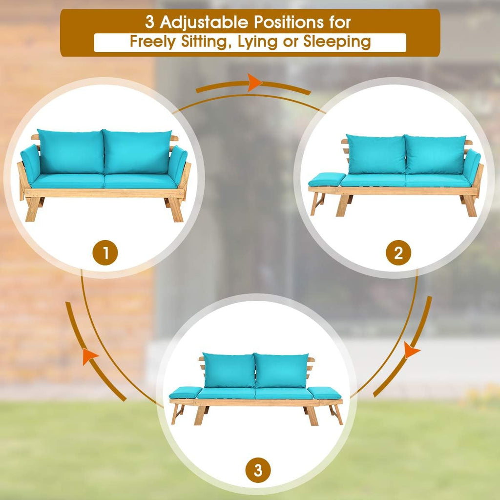 Tangkula Convertible Acacia Wood Patio Couch Sofa Bed with Adjustable Armrest, Outdoor Daybed with Cushion & Pillows, Outside Folding Futon Sofa Couch Bench for Porch, Courtyard, Poolside & Garden