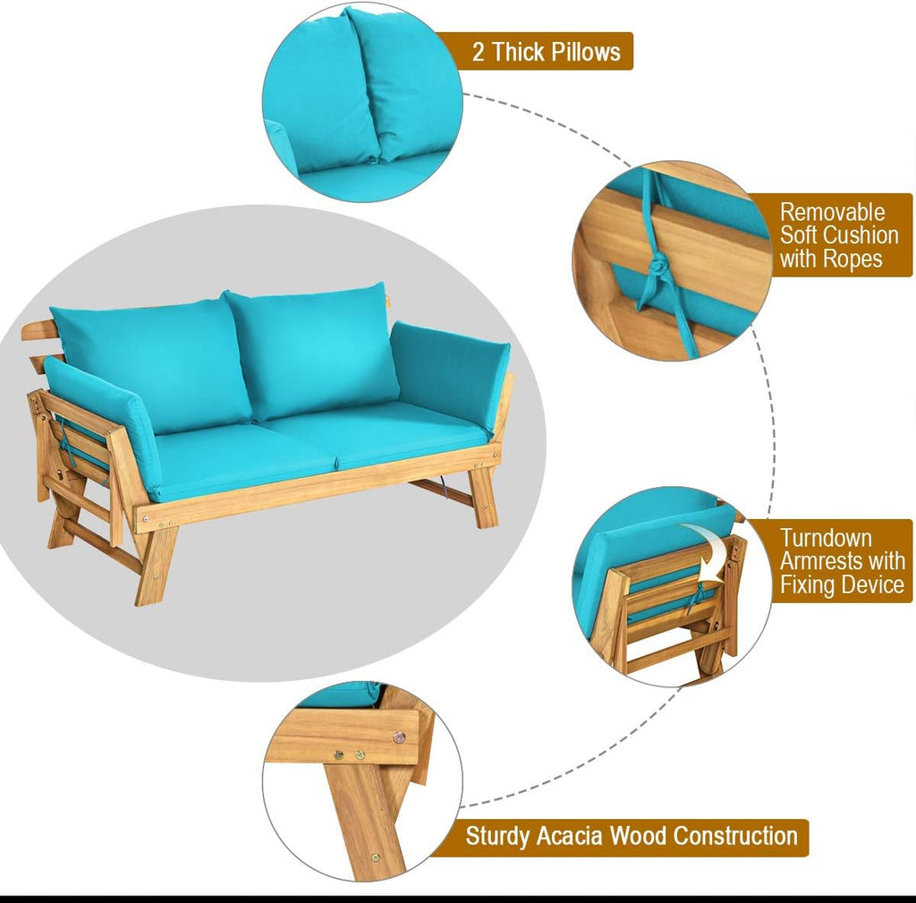 Tangkula Convertible Acacia Wood Patio Couch Sofa Bed with Adjustable Armrest, Outdoor Daybed with Cushion & Pillows, Outside Folding Futon Sofa Couch Bench for Porch, Courtyard, Poolside & Garden
