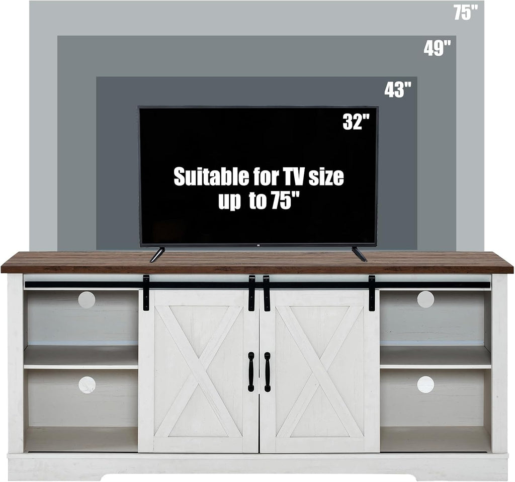 AMERLIFE 66' Farmhouse TV Stand for 75 Inches TVs, Entertainment Center with Sliding Barn Door and Adjustable Shelf & Feet, Console Table with Storage, Rustic White & Honey Brown
