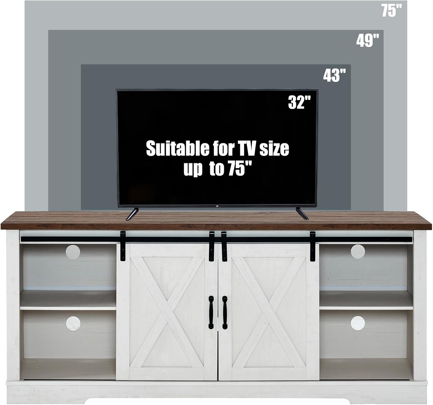 AMERLIFE 66' Farmhouse TV Stand for 75 Inches TVs, Entertainment Center with Sliding Barn Door and Adjustable Shelf & Feet, Console Table with Storage, Rustic White & Honey Brown