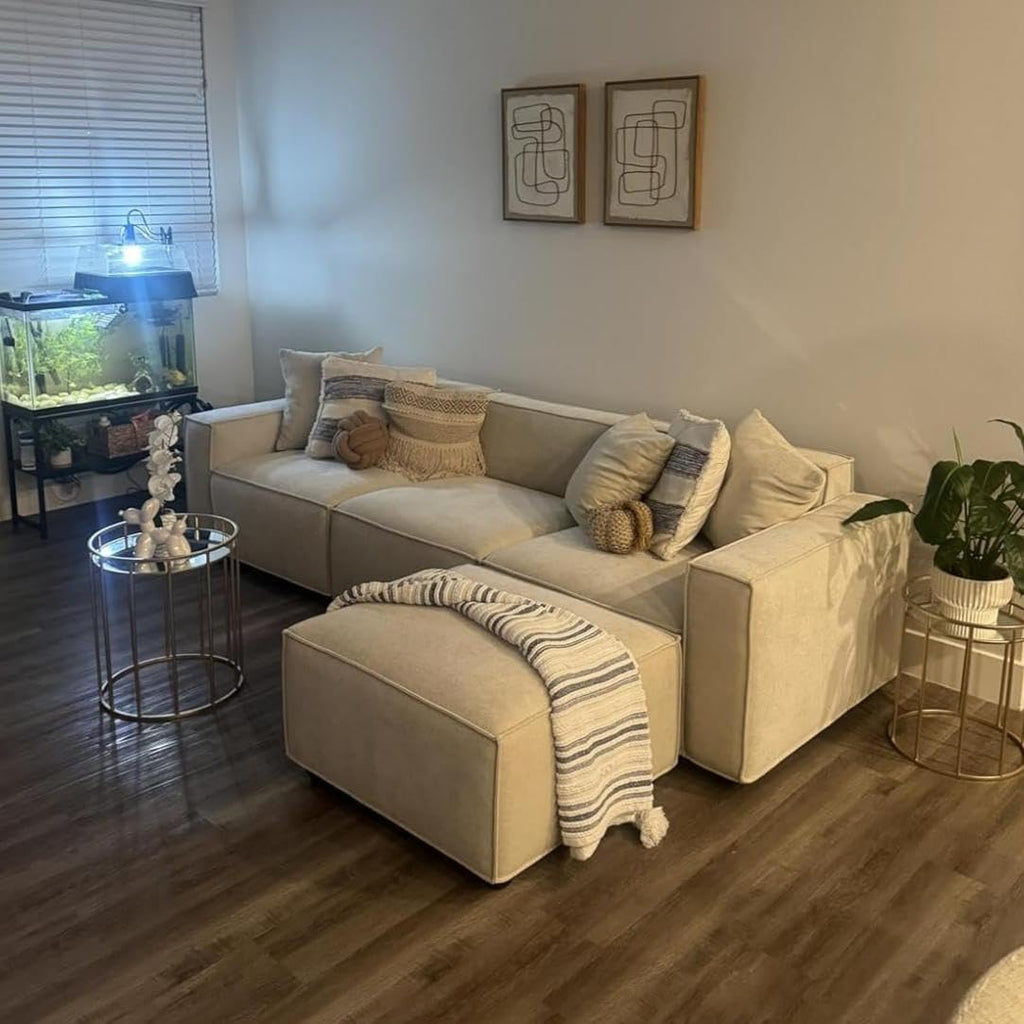 Acanva Luxury Modular Sectional Living Room Sofa Set, Modern Minimalist Style Couch with Ottoman and Chaise, L-Shape, Linen-Like Cream | Minimalist Style, With Ottoman, Modular Sectional