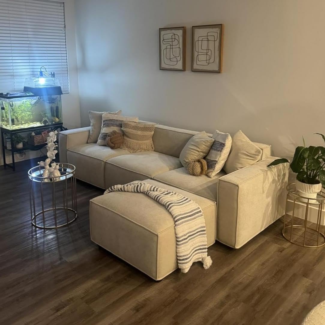 Acanva Luxury Modular Sectional Living Room Sofa Set, Modern Minimalist Style Couch with Ottoman and Chaise, L-Shape, Linen-Like Cream | Minimalist Style, With Ottoman, Modular Sectional
