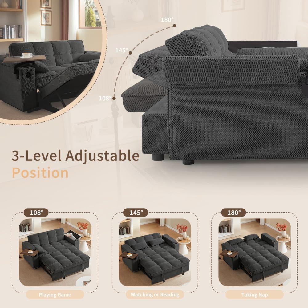 hansones 66' 3-in-1 Folding Convertible Sofa Bed, Queen Size Pullout Sofa, Modern Chenille Fabric, 360° Swivel Side Table, Easy Assembly, Perfect for Living Room (ZY-1107S-Black)