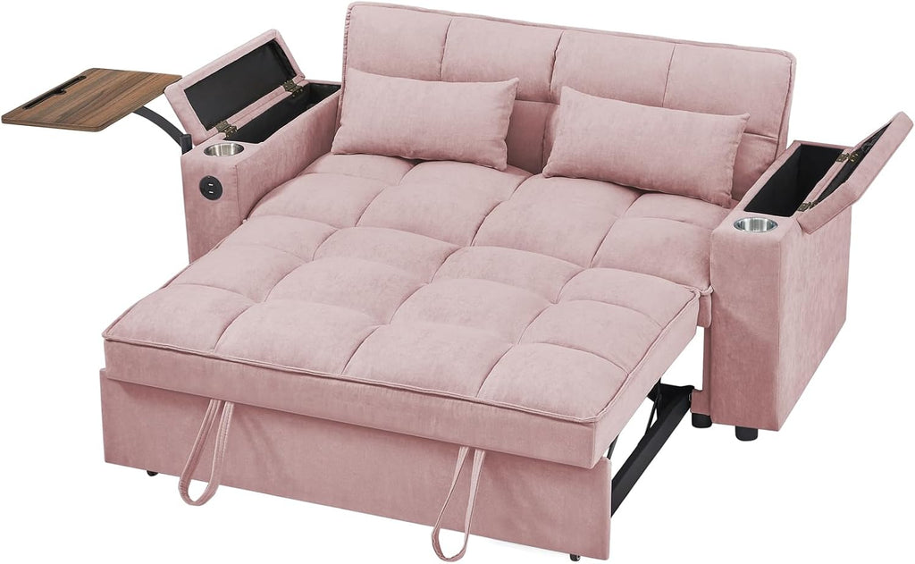 hansones 66' Multi-Functional Pull-Out Sofa Bed with Hidden Side Table, Storage Armrests, Built-in Charging Port, Spring Mattress, Solid Wood Frame – Ideal for Small Spaces, Easy Assembly