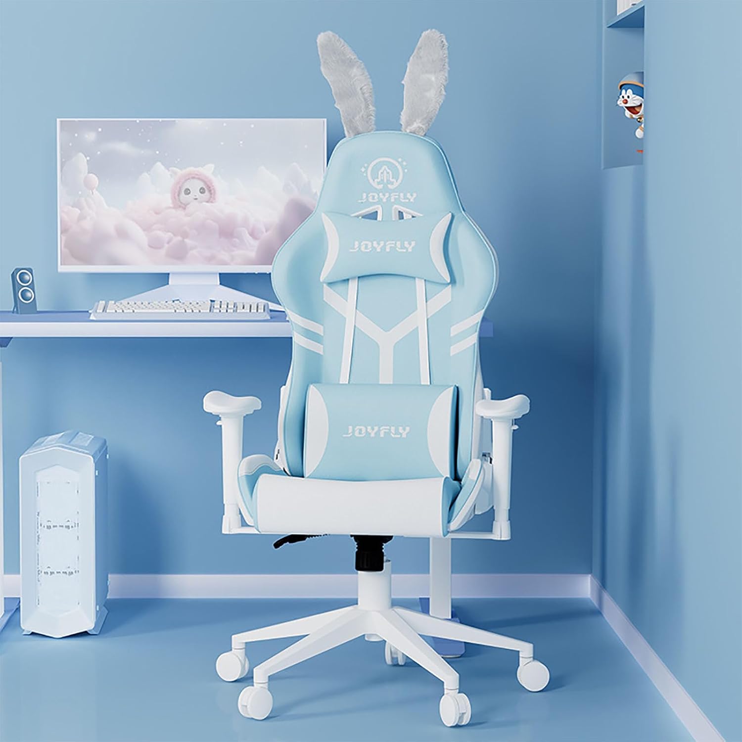 Pink Gaming Chair Big and Tall Lovely Bunny Computer Gamer Chair with Footrest and Lumbar Support Ergonomic Office Chair Comfortable Racing Reclining Leather Chair for Girls Adults Teens Kids