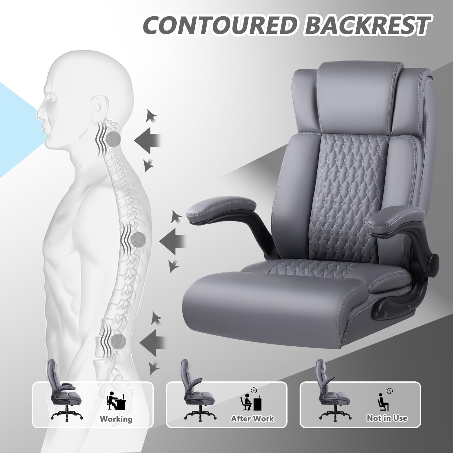 OFIKA Executive Office Chair Heavy Duty Office Chair Padded Flip Up Armrest, Computer Gaming Chair PU Leather Desk Chair, High Back Big and Tall Office Chair with Lumbar Support (Gray)