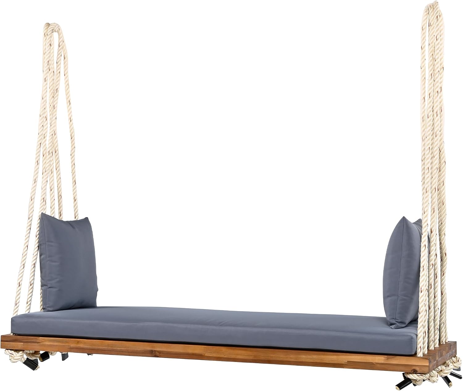 Merax Outdoor Patio Wooden Swing Chair, 2-Seat Hanging Porch Hammock Bench with Cushion & Pillows, 10.8Ft Hemp Ropes for Garden, Backyard, Lawn, Natural