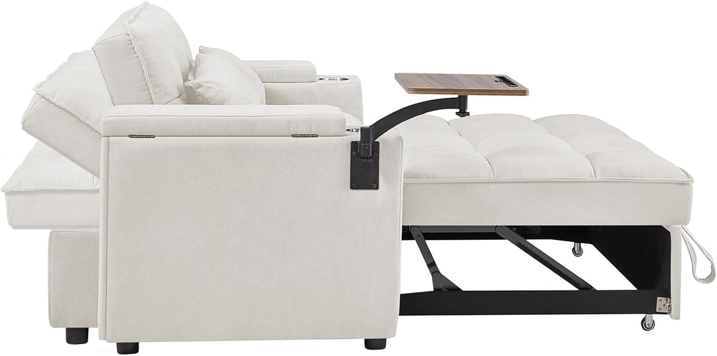 hansones 65'' Convertible Sleeper Sofa Bed with Pull-Out Design, 3-in-1 Modern Chenille Fabric Couch with 360° Swivel Side Table, Queen Size, Easy Assembly, for Living Room, White