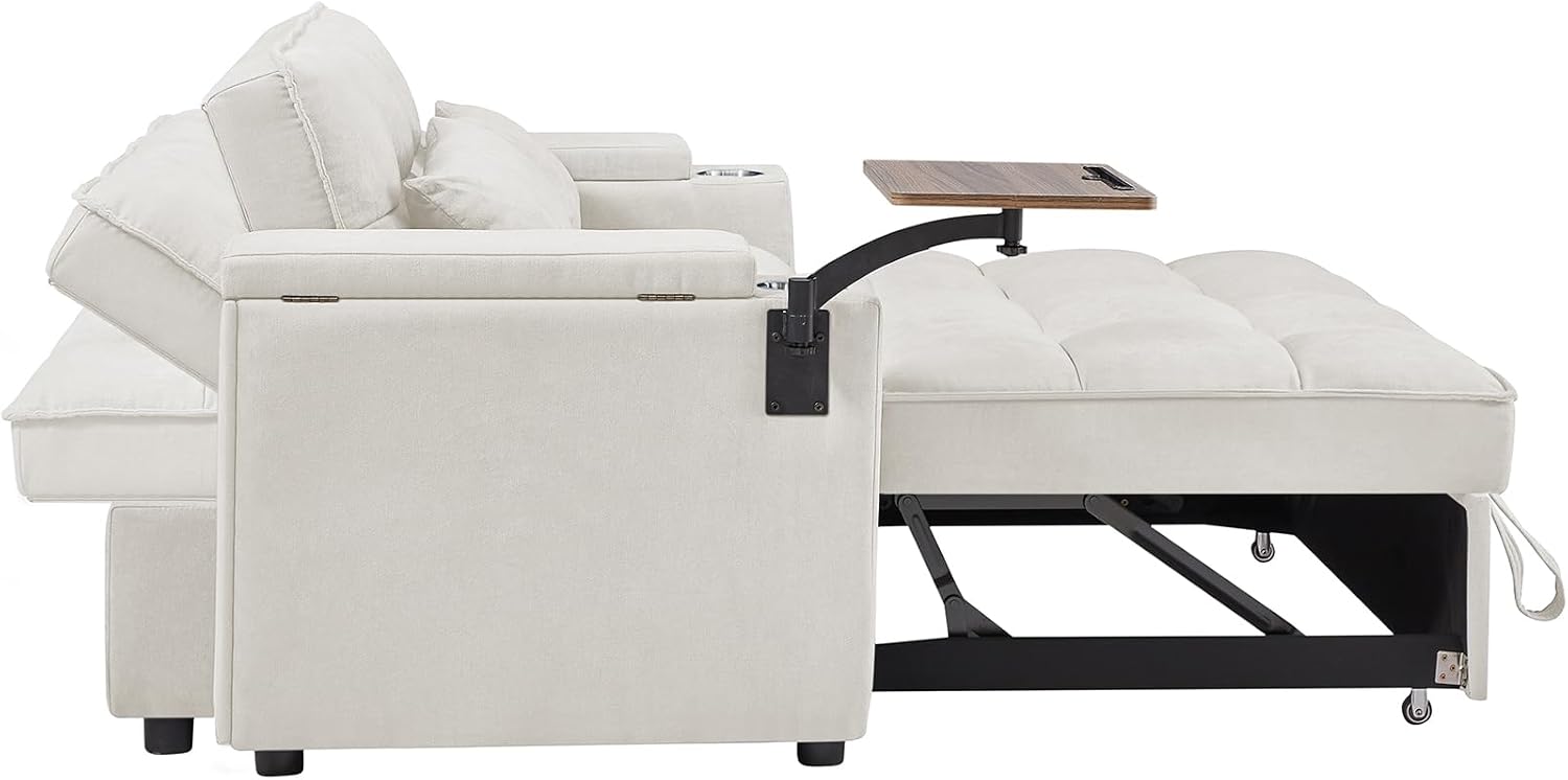 hansones 65'' Convertible Sleeper Sofa Bed with Pull-Out Design, 3-in-1 Modern Chenille Fabric Couch with 360° Swivel Side Table, Queen Size, Easy Assembly, for Living Room, White