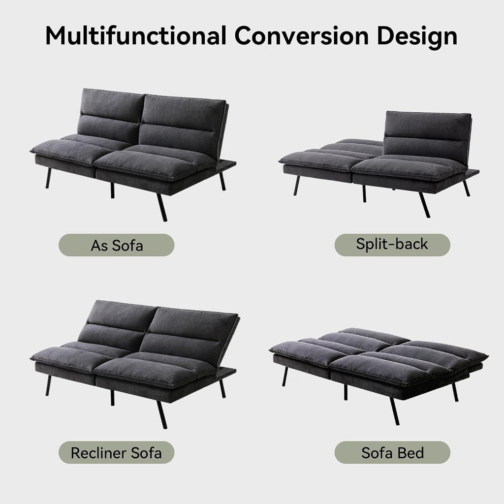 Memory Foam Futon Sofa Bed,Linen Fabric Futon Couch,Convertible Armless Futons,Small Splitback Loveseat Sleeper Sofa Bed for Living Room,Office,Apartment,Pure Black