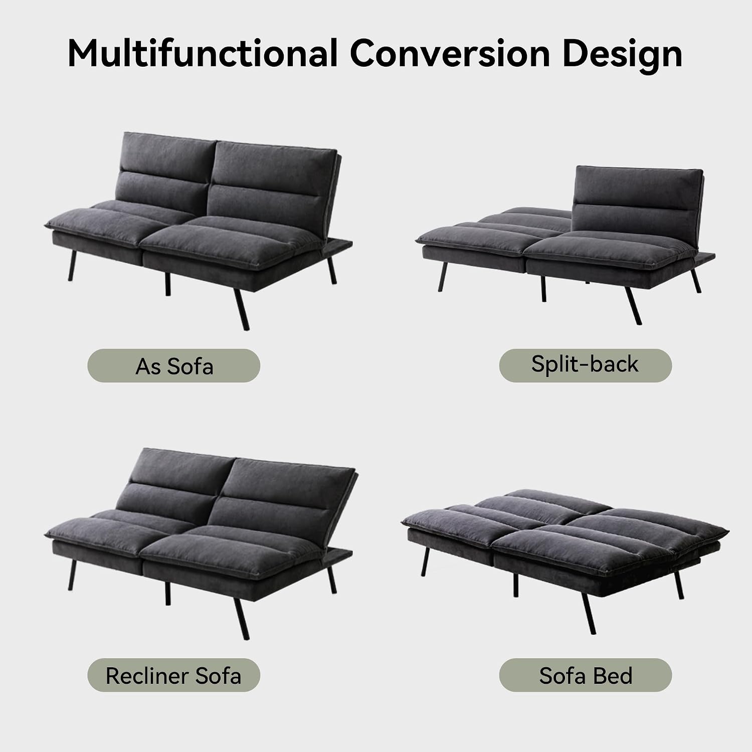Memory Foam Futon Sofa Bed,Linen Fabric Futon Couch,Convertible Armless Futons,Small Splitback Loveseat Sleeper Sofa Bed for Living Room,Office,Apartment,Pure Black