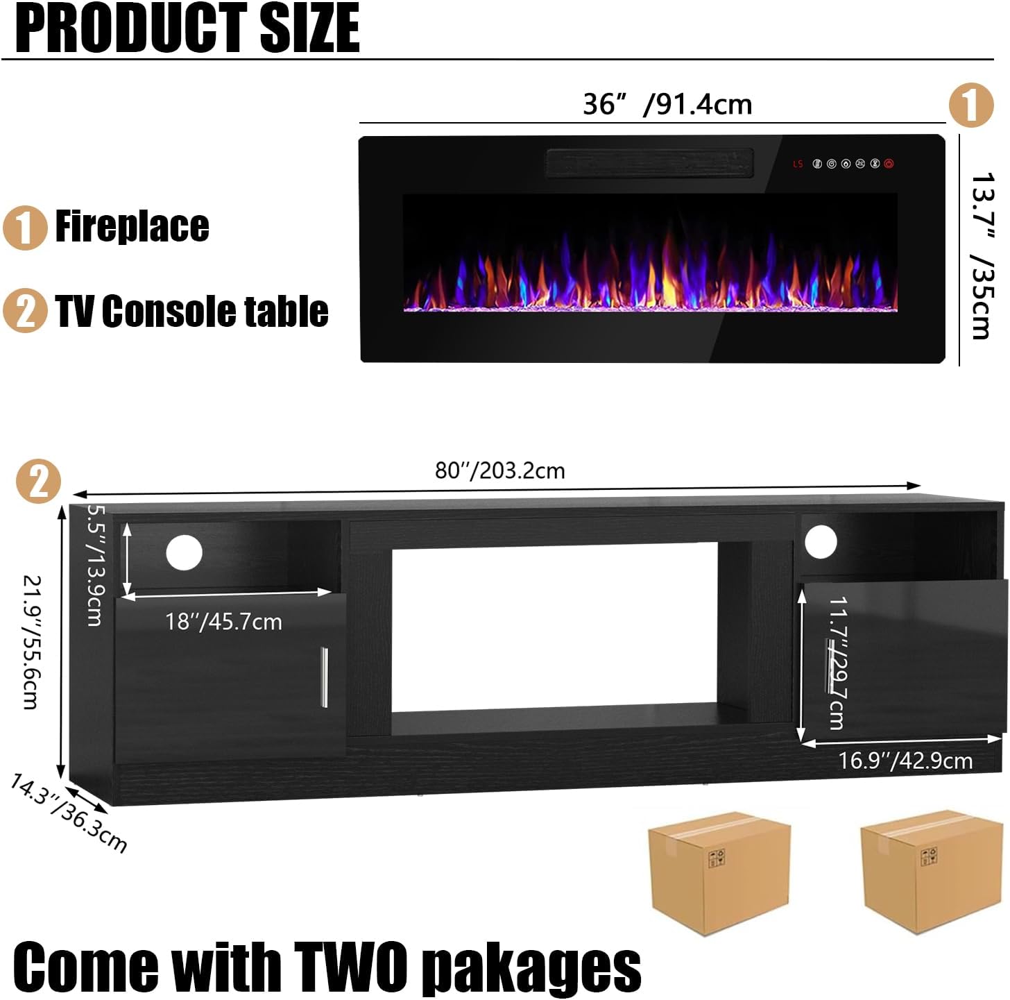 VITESSE TV Stand with 36' inch Electric Fireplace Up to 90' TVs, LED Light Entertainment Center, 80' Modern Wood High Gloss Fireplace with Highlight Storage Cabinet for Living Room (Black)