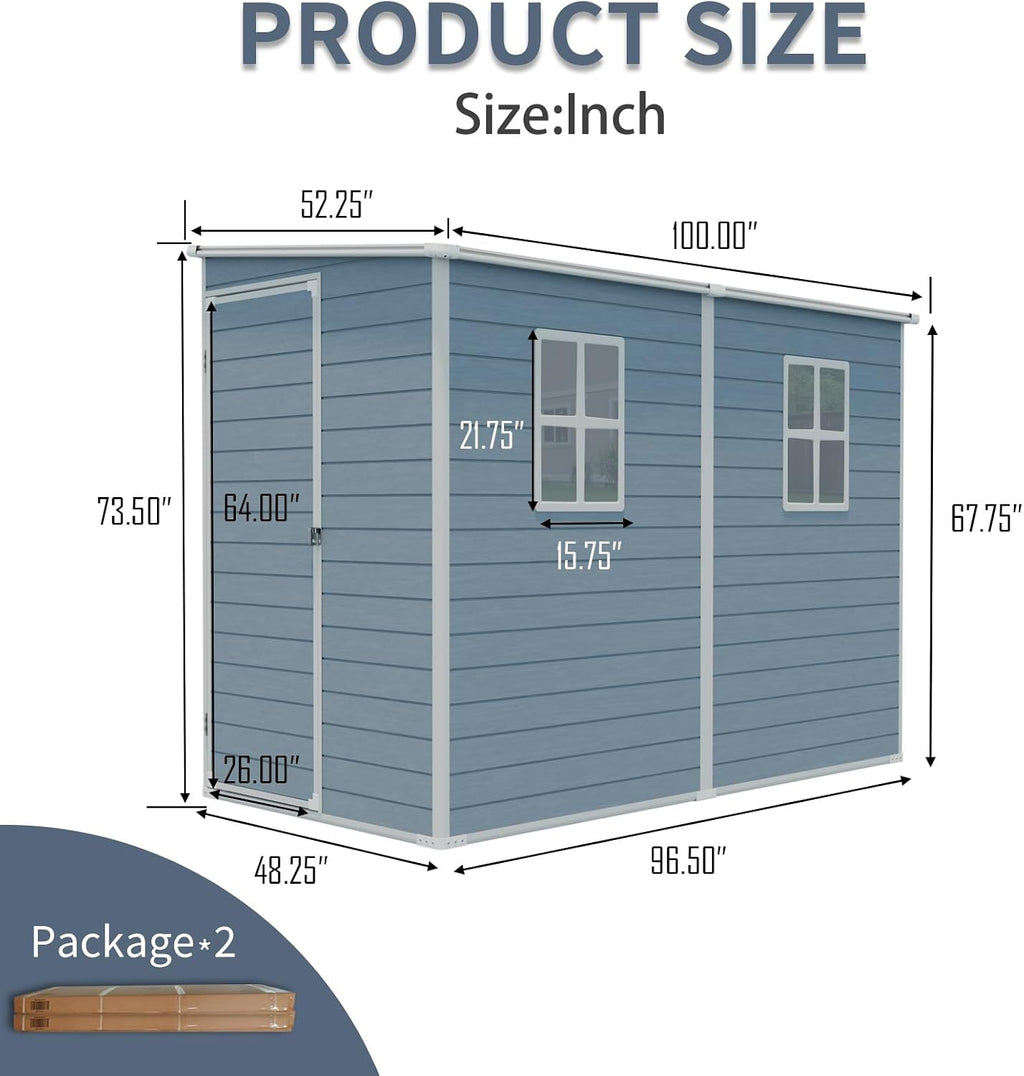 YOPTO 4x8 FT Outdoor Storage Shed Plastic Shed W/Floor,Resin Lean to Shed W/ 2 Windows & Lockable Door,Garden Tool House W/Air Vent & Sloped Roof,All Weather Waterproof for Backyard,Patio,Lawn,Grey