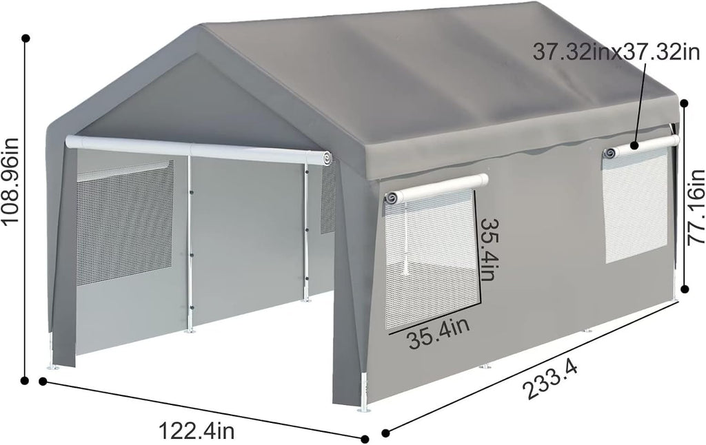 Thanaddo 10'x20' Heavy Duty Carport, Garage Car Canopy, with Roll-up Ventilated Windows, Car Shelter w/Side Tarps for Car, Truck, Boat,Gray