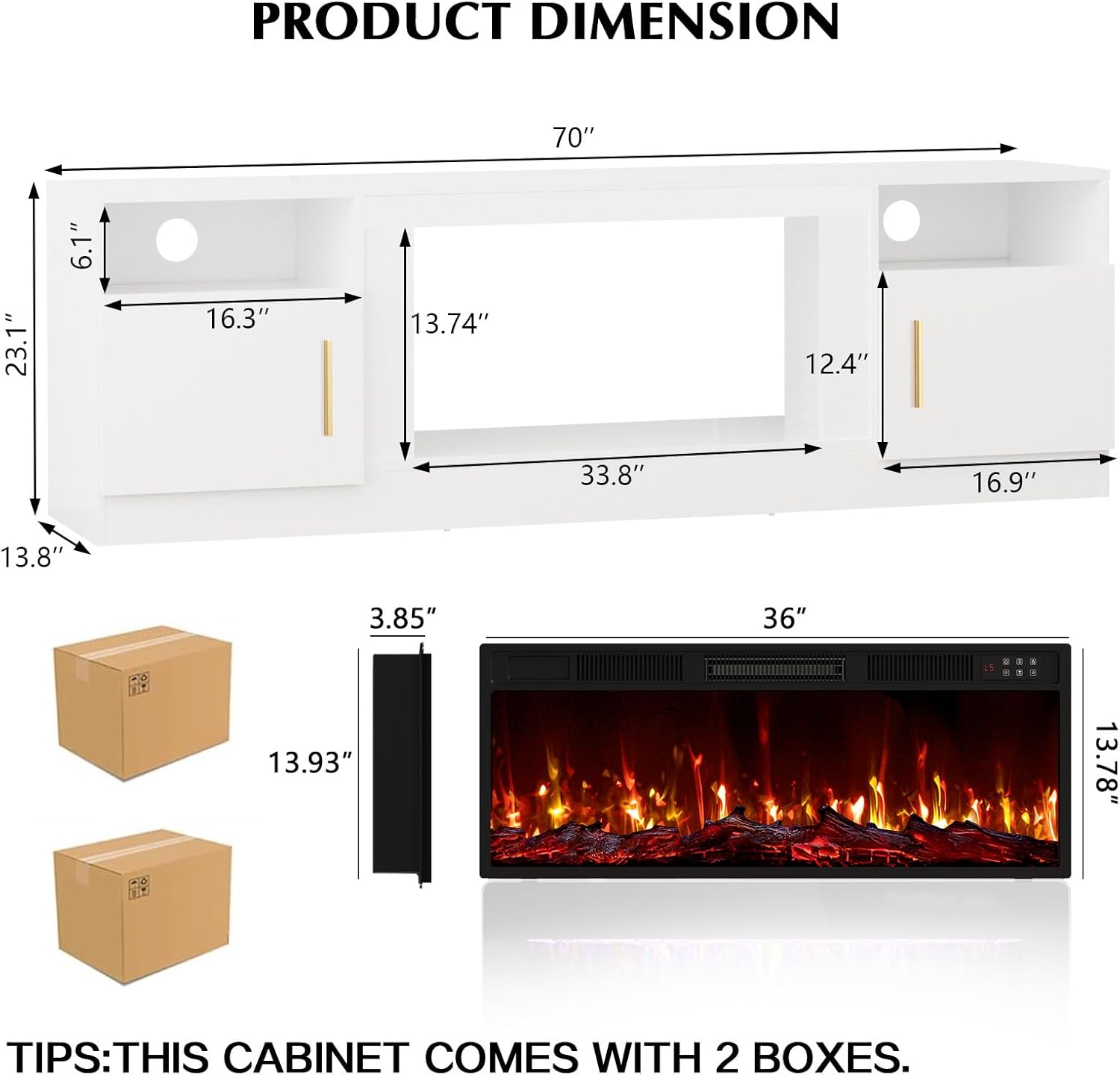 Lemberi Fireplace TV Stand with 36' Electric Fireplace, Fits TVs Up to 80', 70' LED Lit Entertainment Center, Modern High Gloss Wood with Spacious Storage Cabinet for Living Room, White