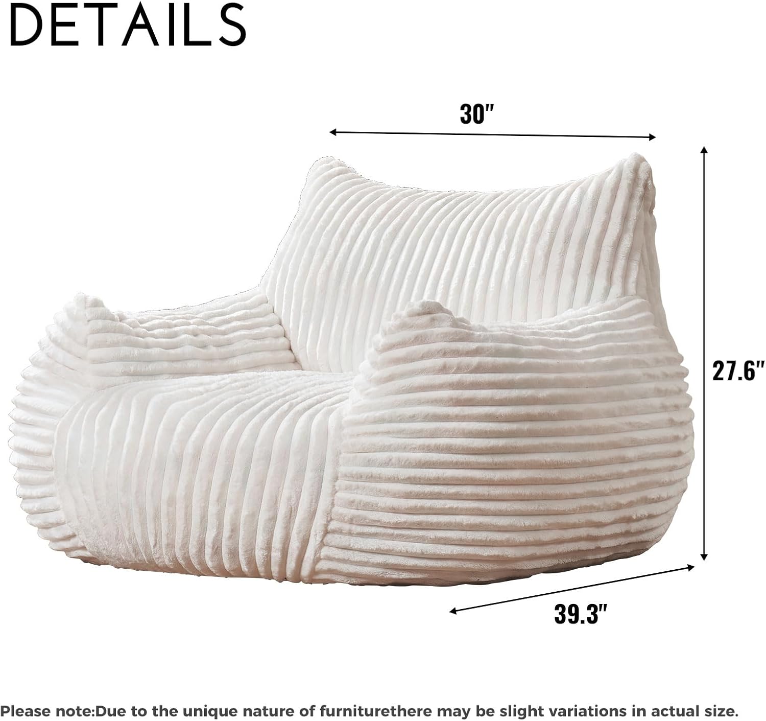 LKD Oversized Bean Bag Chairs for Adults,Bean Bag Chair with arms,Plush Bean Bag,Modern Living Room Decorative Chair,Corner Chair Bedroom,Reading Sofa, Dormitory Lounge Chairs (White, NO Ottoman)