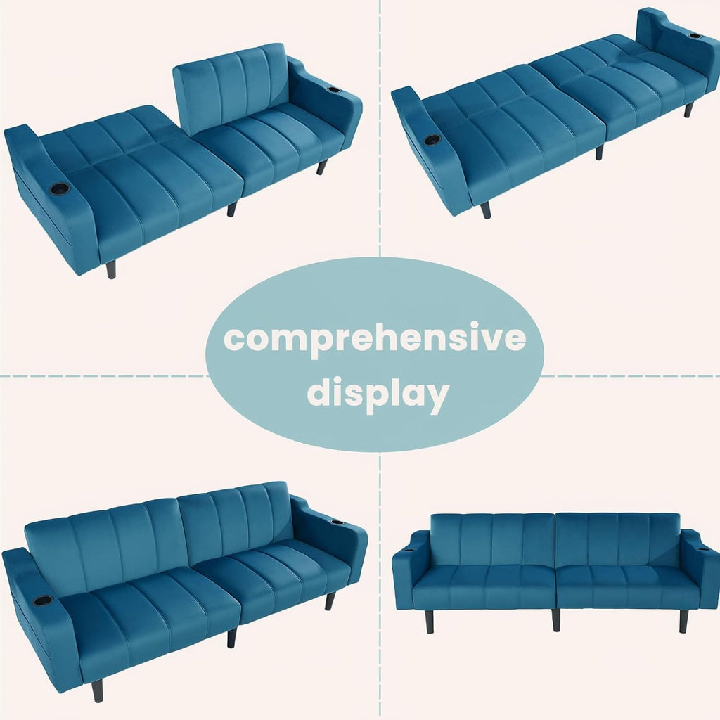 80' Velvet Futon Sofa Bed, Convertible Sleeper Loveseat with Cup Holders & Storage Pockets, Mid Century Modern Couch for Living Room, Bedroom, Office, Small Space (Dark Blue)